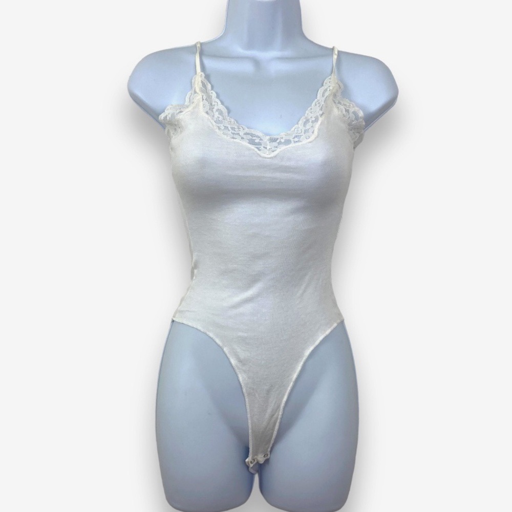 DKNY Intimates Women's Opaque lace cotton Bodysuit Snap Cami Shirt Top white P